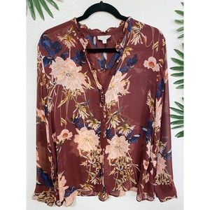 Lucky Brand Wine Floral Blouse Long Sleeve Size L